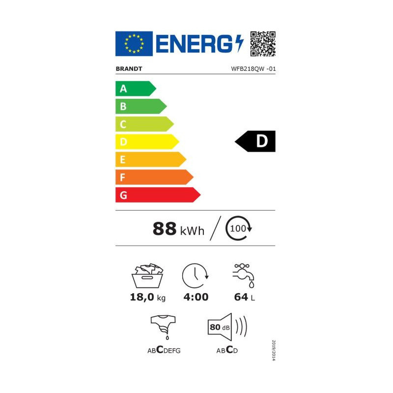 Brandt WFB218QW Lave-linge 8 kg 1000 tr/min OptiA 39 min Fresh Start