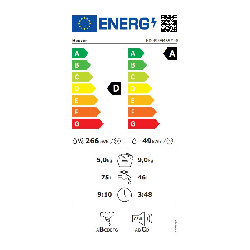 Hoover HD 495AMBS/1-S Was-droogcombinatie 9/5 kg 1400 tpm Power Care WiFi