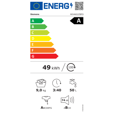 Siemens WG46G2ZBFG Lave-linge 9 kg 1600 tr/min smartFinish iQdrive