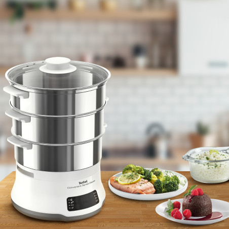 Tefal Convenient Series Deluxe VC502D cuiseur vapeur 3 Nombre de paniers Comptoir 900 W Acier inoxydable, Blanc