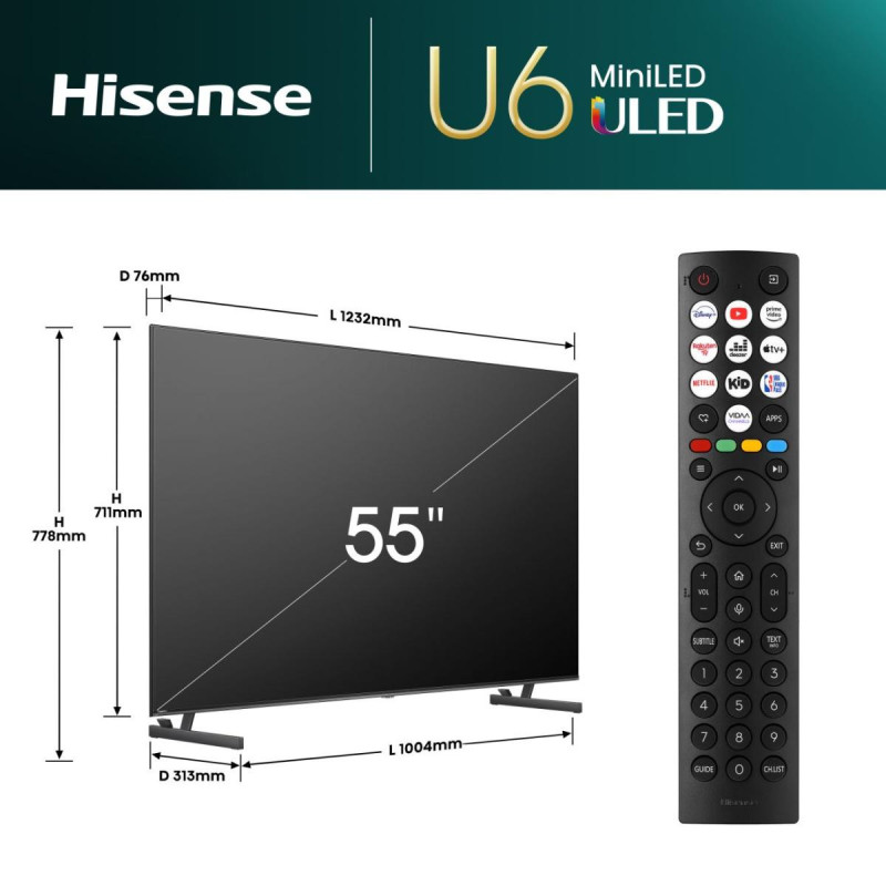 Hisense 55U6NQ 139,7 cm (55") 4K Ultra HD Smart TV Wifi Grijs 600 cd/m²